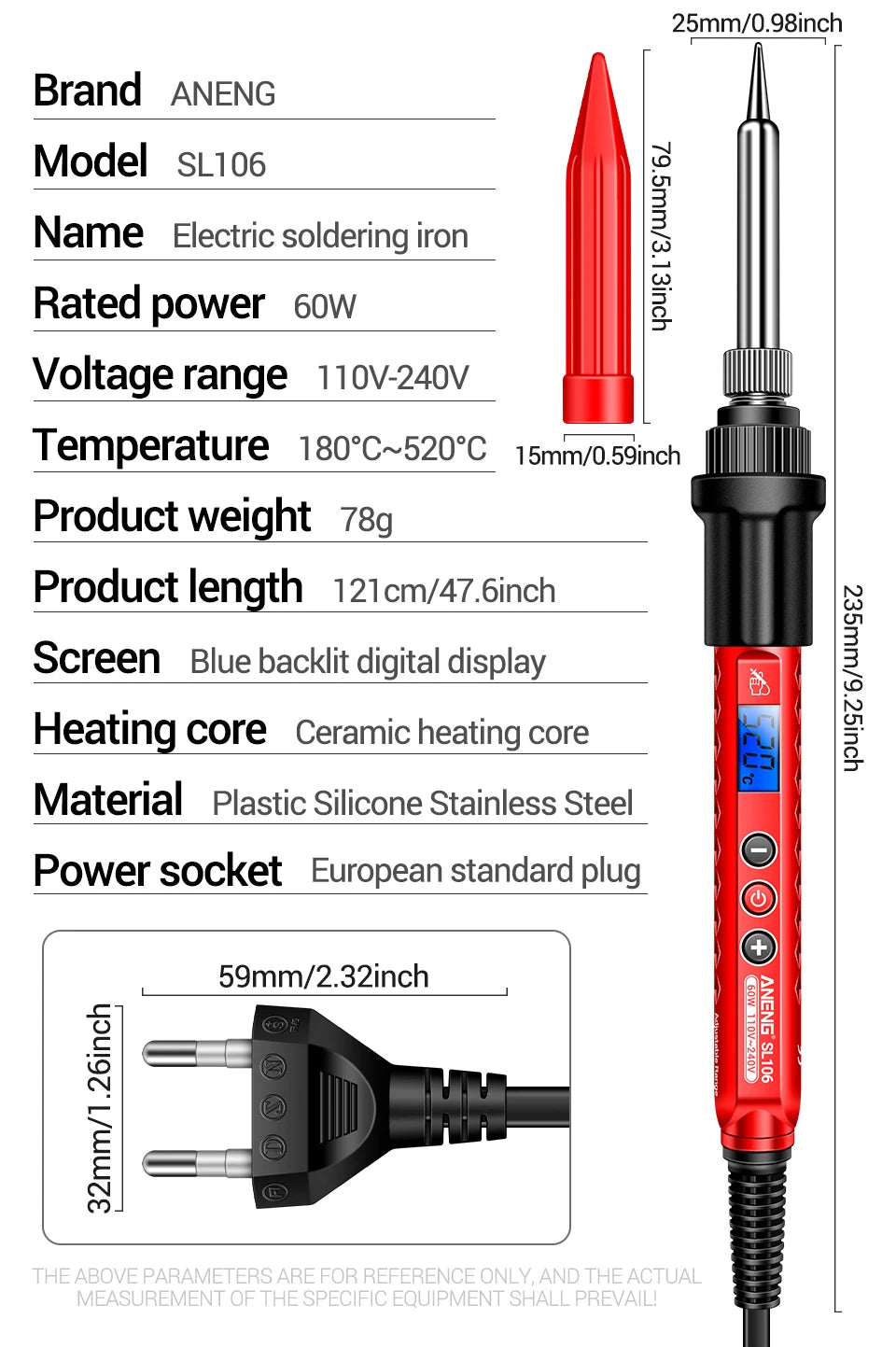 ANENG SL106 Electric Soldering Iron – Adjustable Temperature Welding & Rework Station with Heat Pencil Tip, 110V/220V
