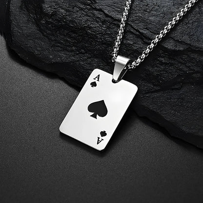 Hip Hop Poker Card Necklace – Stainless Steel Ace of Spades & Hearts Pendant Chain for Men