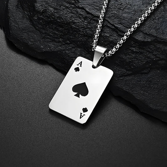 Hip Hop Poker Card Necklace – Stainless Steel Ace of Spades & Hearts Pendant Chain for Men