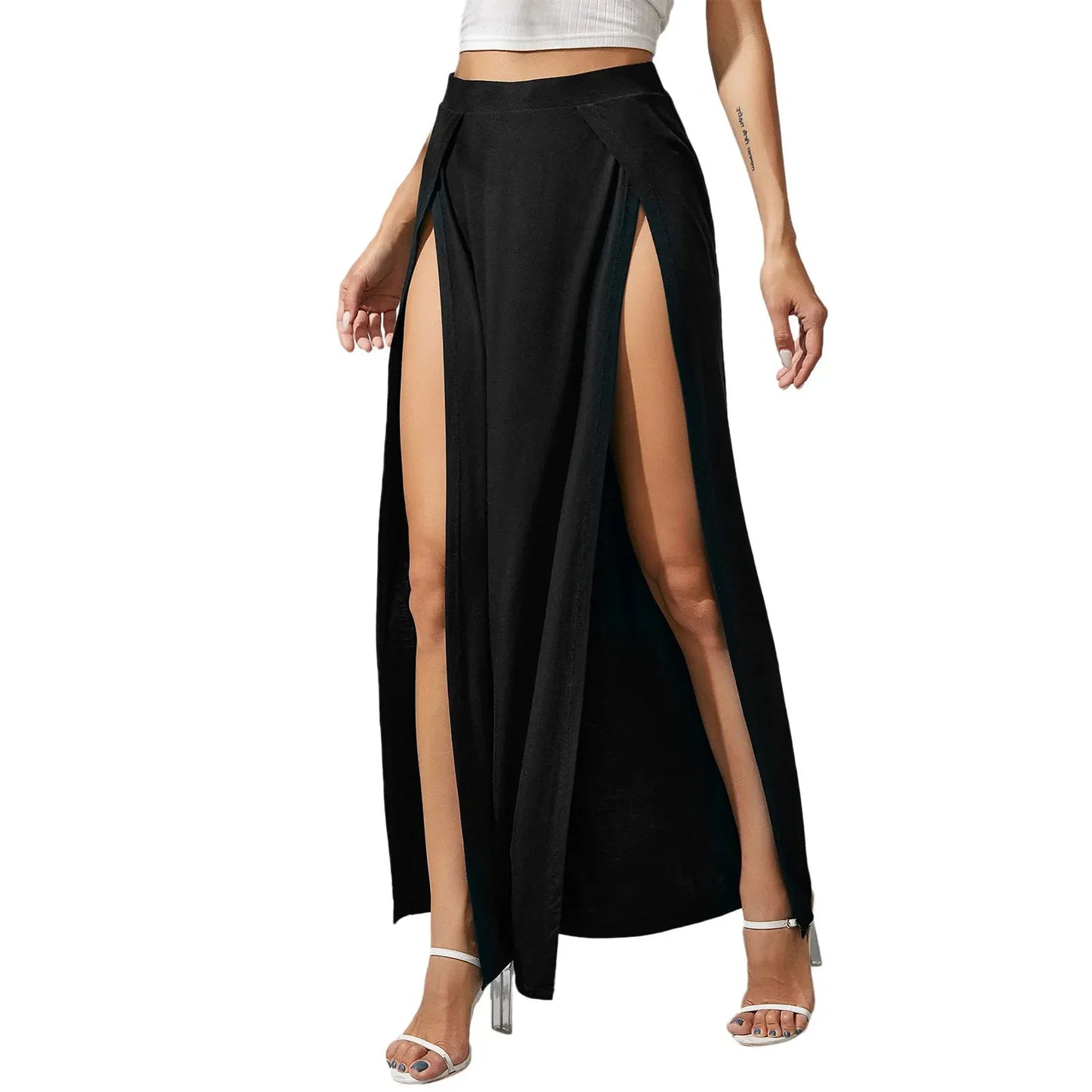 Combhasaki Women’s Summer Boho Maxi Skirt – Elastic High Waist Solid Color Side Slit Loose Fit Beachwear