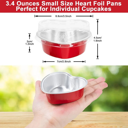 50Pcs 100ml Tin Foil Aluminum Pudding Cups with Lid - Heart-shaped Disposable Mini Mousse Cupcake Containers Baking Moulds