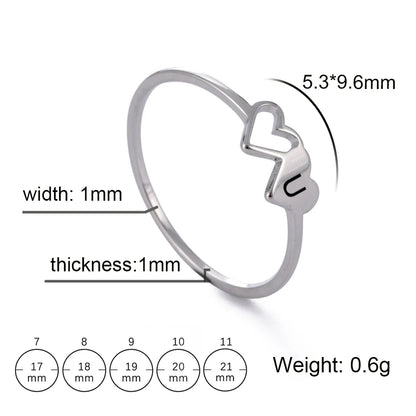 HIPEE Stainless Steel Letter Ring - A-Z Alphabet Double Heart Hollow Charm Ring for Women Wedding Jewelry Gift