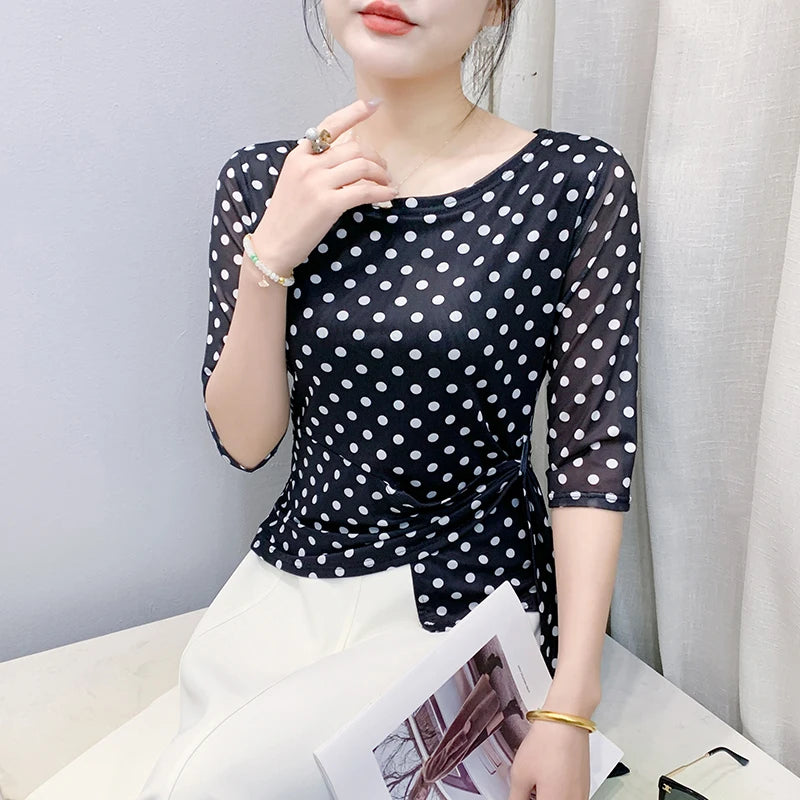 Women’s Polka Dot Mesh T-Shirt - Summer Half Sleeve Irregular Sweet Casual Top
