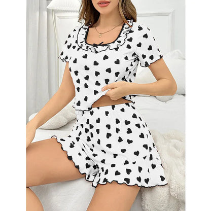 Women’s Love Print Pajama Set – Summer Square Neck Short Sleeve T-Shirt & Shorts Loungewear Sleepwear Set