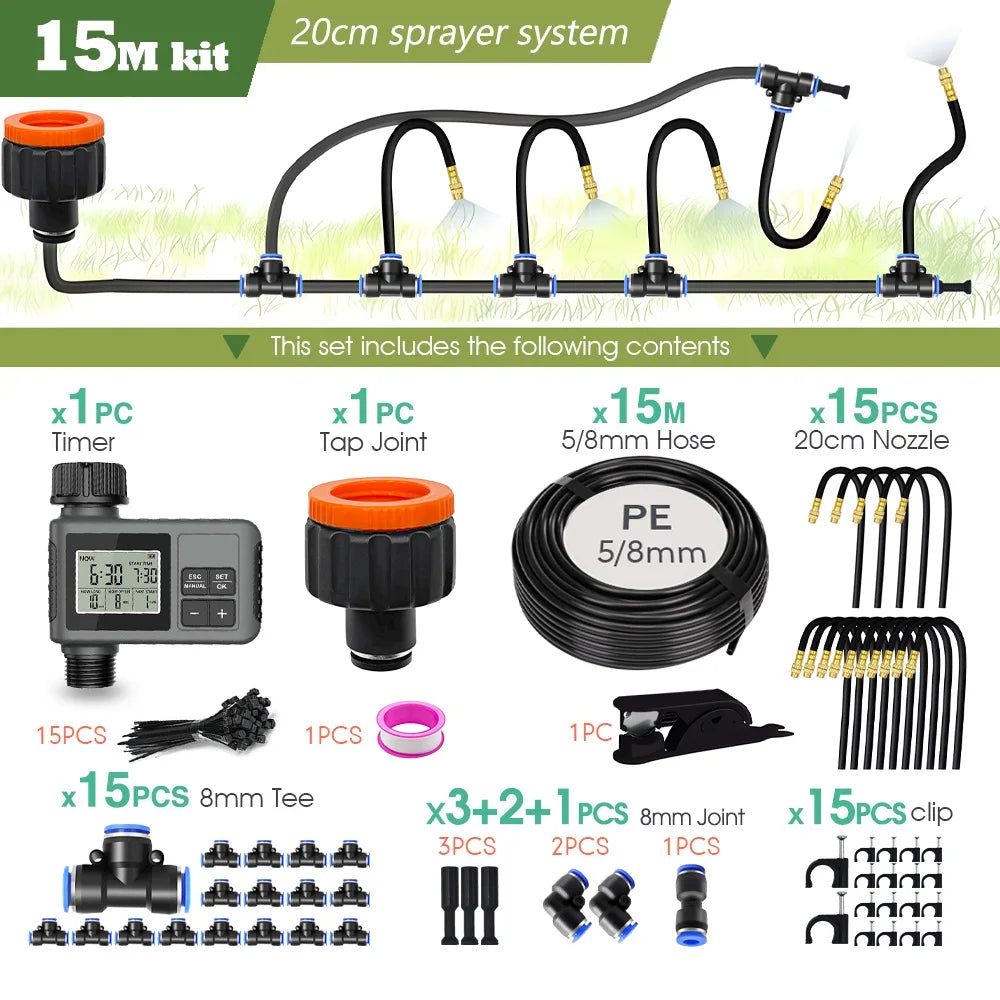 Garden Programmable Misting Timer System – 360° Adjustable Atomizer Nozzles, Outdoor Cooling & Watering Sprinkler Kit