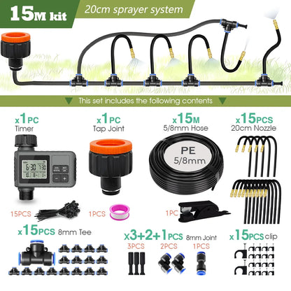 Garden Programmable Misting Timer System – 360° Adjustable Atomizer Nozzles, Outdoor Cooling & Watering Sprinkler Kit