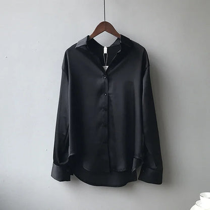 Elegant Satin Women’s Shirt — Loose Vintage Blouse with Turn-Down Collar for Spring & Autumn