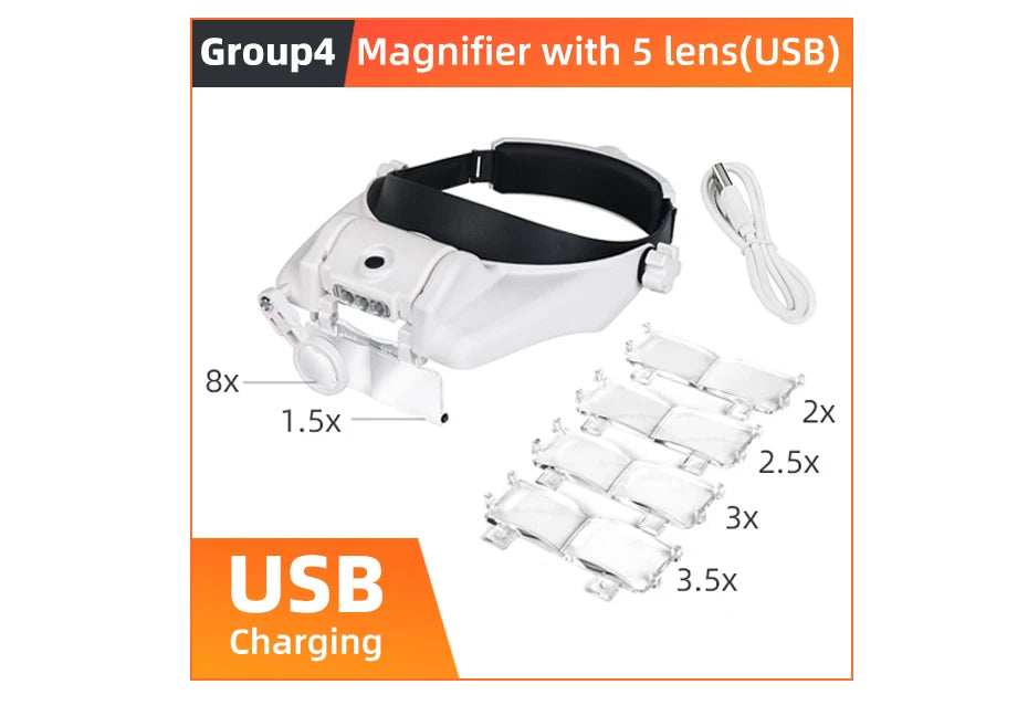 LED Headband Magnifier with 8x Lenses – Hands-Free Magnifying Glass for Jewelry, Watch & Electronic Repair
