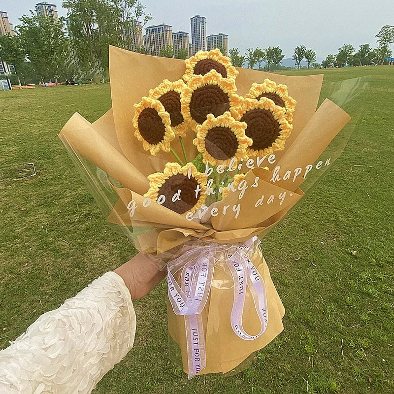Tulip & Sunflower Knitting Flower Bouquet – Handcrafted Crochet Carnations, DIY Handmade Fake Flowers for Decor