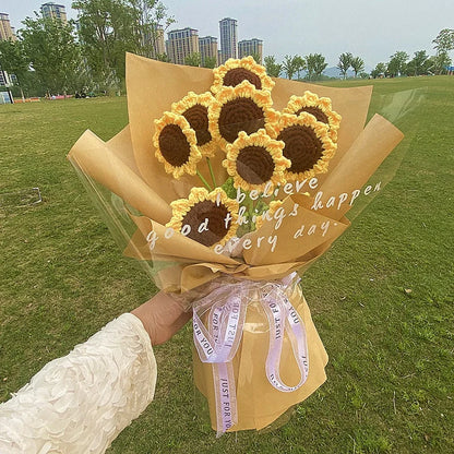 Tulip & Sunflower Knitting Flower Bouquet – Handcrafted Crochet Carnations, DIY Handmade Fake Flowers for Decor