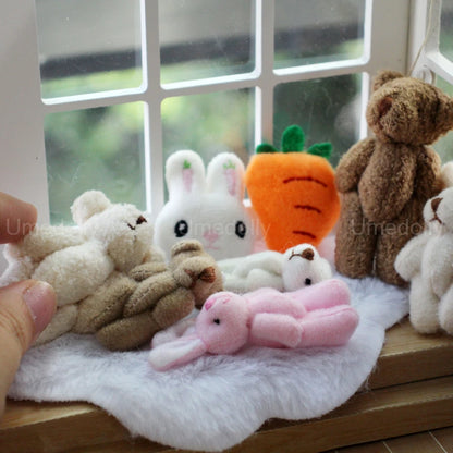 Miniature Bear & Rabbit Plush Toy — 1/6 & 1/12 Scale Dollhouse Decor for OB11 Blyth Dolls