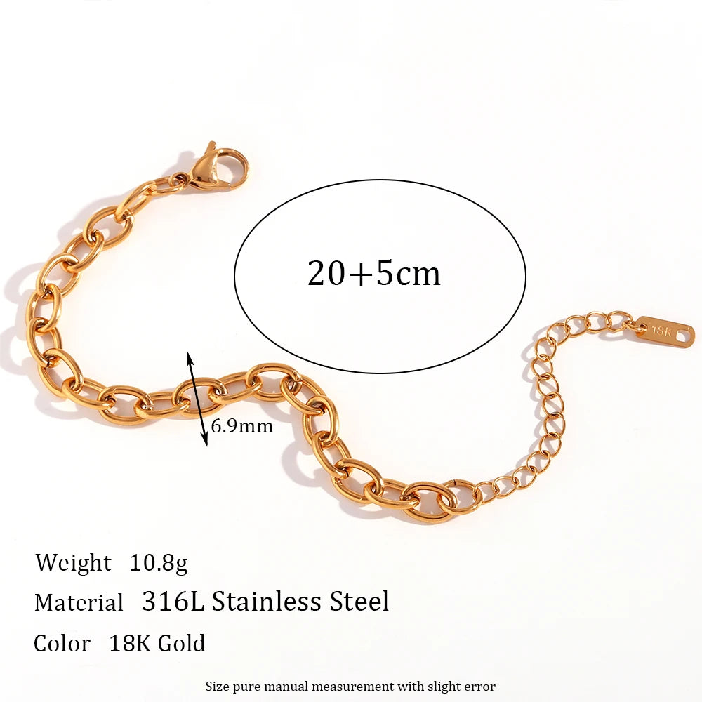 18K Gold Plated Stainless Steel Oval Link Chain Jewelry Set – 7mm Chunky Silver Color Choker Necklace, Bracelet & Anklet Accessories