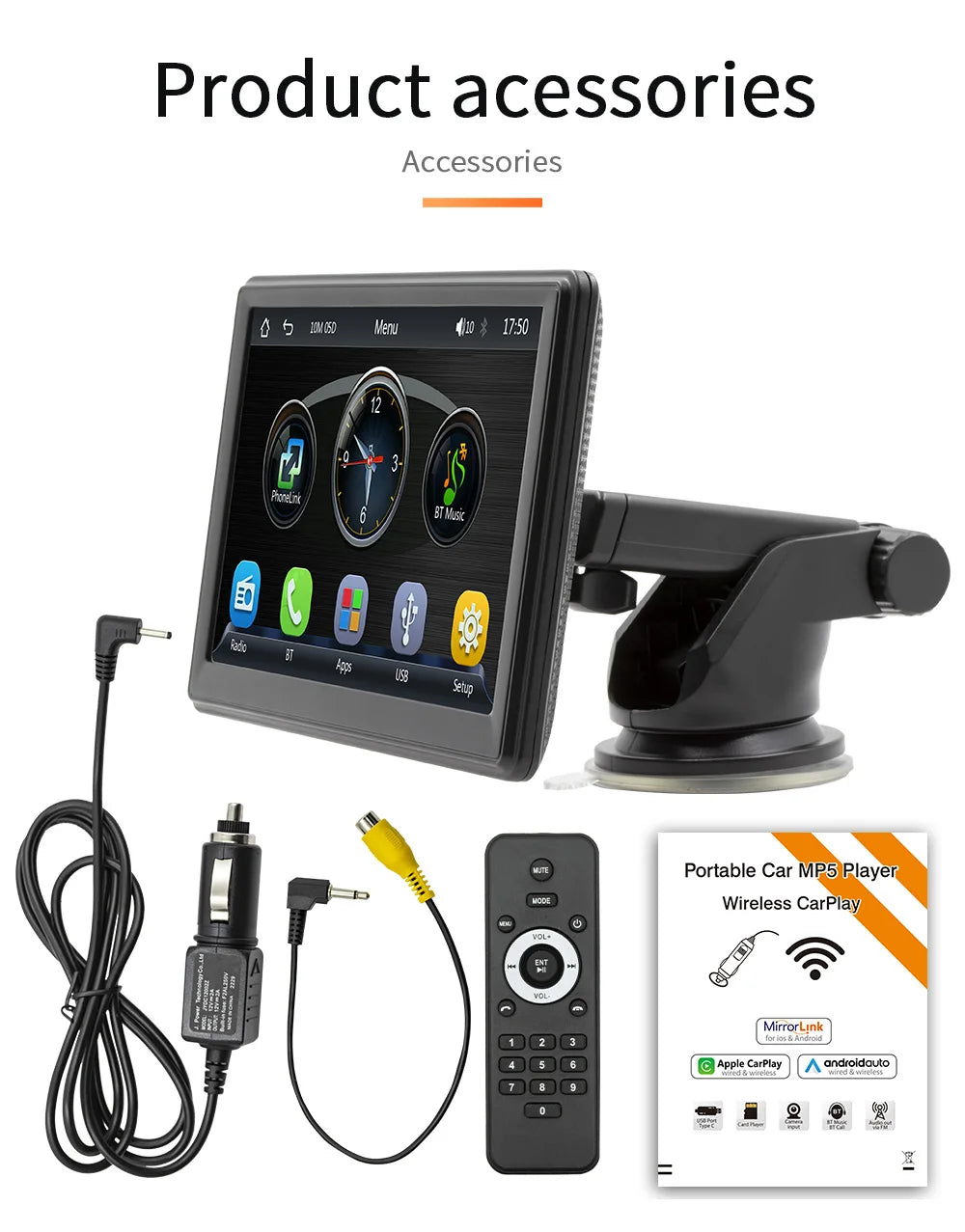 Universal 7-Inch Car Radio Multimedia Player – Wireless CarPlay & Android Auto Touchscreen with Sun Visor B500