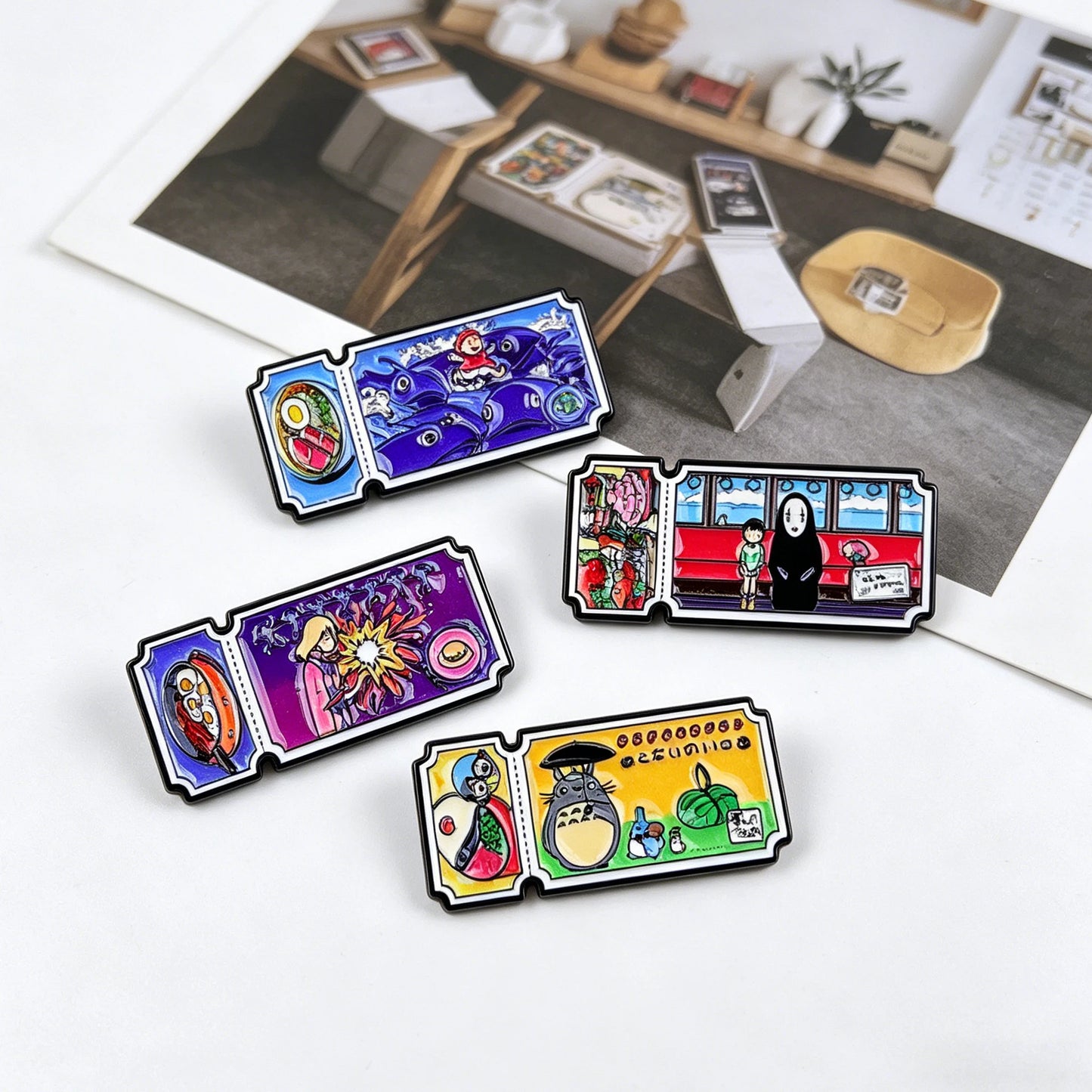 4Pcs Anime Movie Ticket Enamel Pins - Cute Cat Brooch Badges for Backpacks, Lapels and Fan Gifts