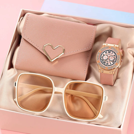 3PCS Women’s Casual Leather Watch Set – Quartz Wristwatch, Heart Bow Wallet, Glasses & Sunglasses Clock Montre Femme