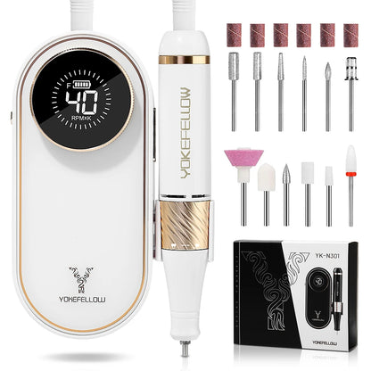 YOKEFELLOW Professional Nail Drill – 40000RPM Rechargeable Electric Nail E-File, Cordless for Acrylic & Gel Nails