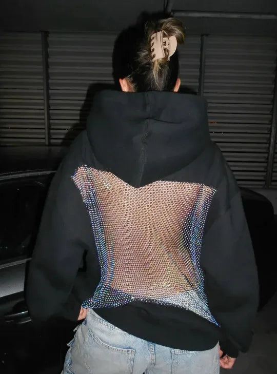 Women's Lace Splice Hoodie - Sexy See-Through Backless Fleece Pullover for Autumn & Winter Streetwear Fashion
