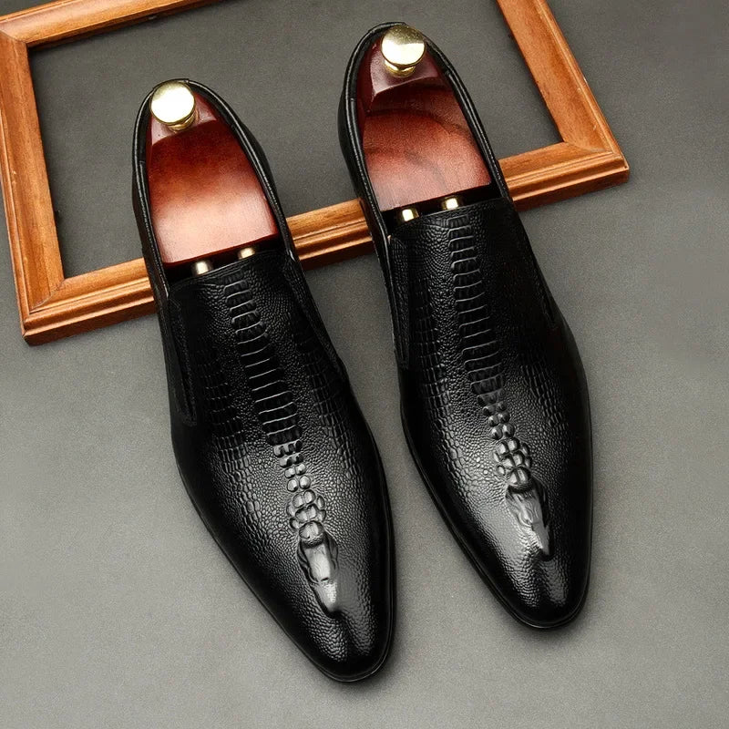 Men’s Genuine Leather Oxford Shoes - Handmade Crocodile Pattern Formal Wedding Business Dress Shoes in Black or Blue