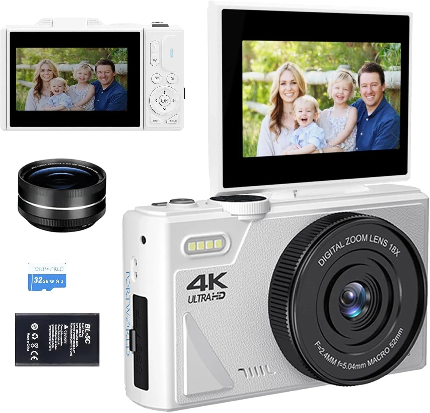4K Camera for Photography – 18X Digital Zoom, 64MP Vlogging Camcorder, 3'' Flip Screen, WIFI Selfie Webcam for YouTube