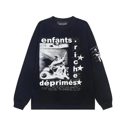 Washed Casual Hoodie Sweatshirt — Unisex Loose-Fit Street Style Crew Neck with Lip Print Letter Design, Vintage Comfortable Top
