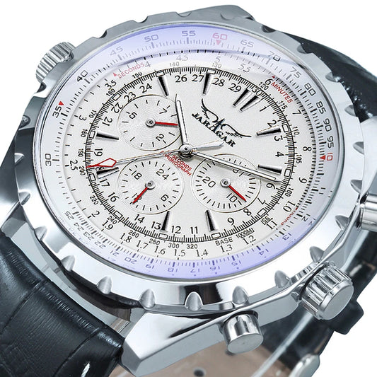 JARAGAR Pilot Mechanical Watch for Men – Multifunctional Small Dials, Leather & Steel Strap, Sports Military Automatic Watch