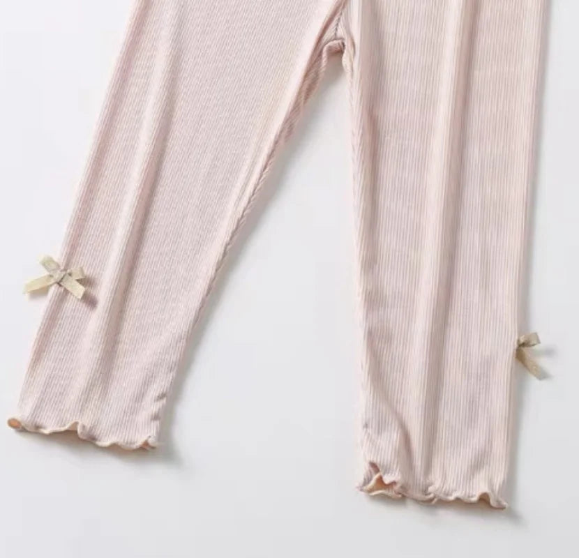 Girls Summer Bow Leggings - Solid Color Elastic Waist 7/8 Length Breathable Kids Pants 3-10Y