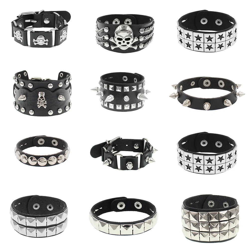 90s Punk Style Bracelet – PU Leather with 3 Rows of Spikes & Square Studs, Fashion Bangle for 2024