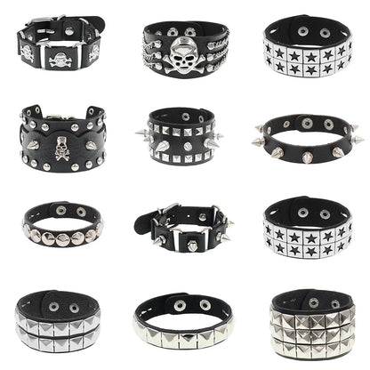 90s Punk Style Bracelet – PU Leather with 3 Rows of Spikes & Square Studs, Fashion Bangle for 2024