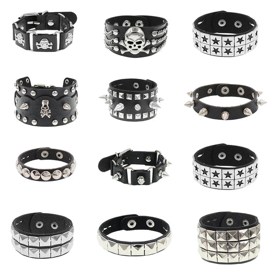 90s Punk Style Bracelet – PU Leather with 3 Rows of Spikes & Square Studs, Fashion Bangle for 2024