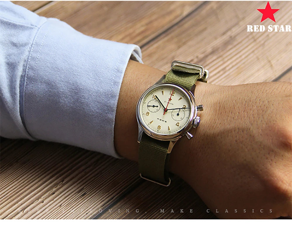 RED STAR 1963 Men's Chronograph Watch - 38mm Pilot Design with Seagull ST1901 Movement & Sapphire Glass