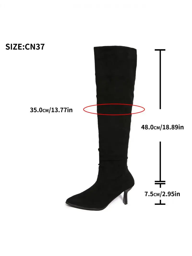 2025 Women’s Retro Black Suede Knee-High Boots – Pointed Toe, High Heel, Plus Size