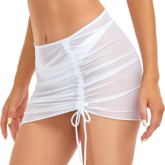 Women’s Sexy Mesh Shirring Micro Mini Skirt – Sheer See-Through Bandage Short Skirt, Butt-Lifting Club Fashion Outfit