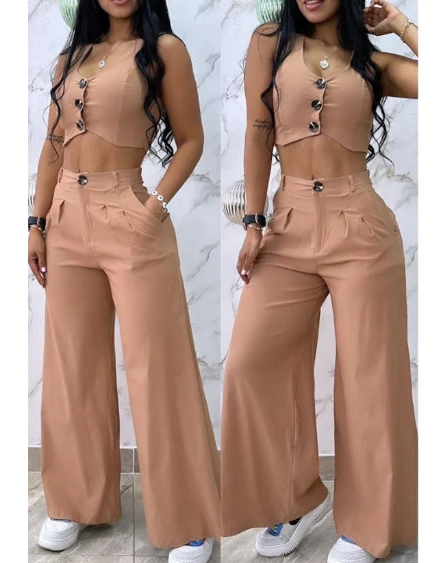 Women’s 2024 Summer Two-Piece Set – Sexy Buttoned Crop Vest & High Waist Wide Leg Pants, Casual Elegant Outfit