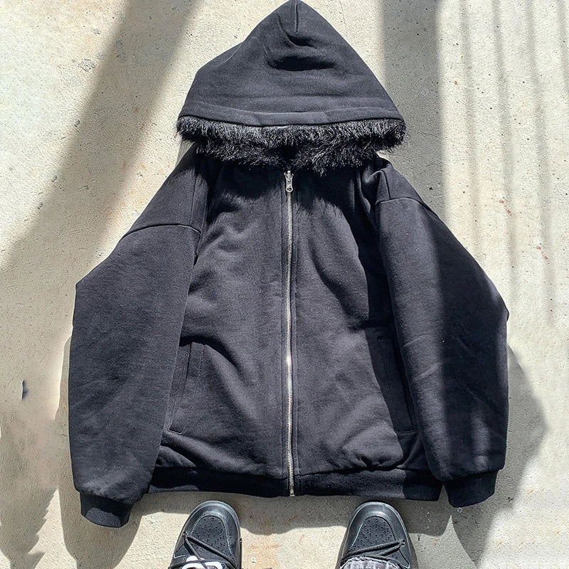 Casual Y2K Zip-Up Hoodie – Faux Fur Collar Harajuku Streetwear Rock Goth Punk EMO Sweatshirt Jacket