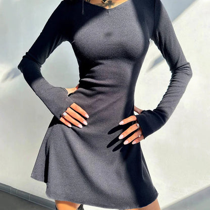 Elegant Autumn/Winter Women's Dress: New Black V-Neck Sexy Short Dress - Long Sleeve Slim Solid Color Mini Dress