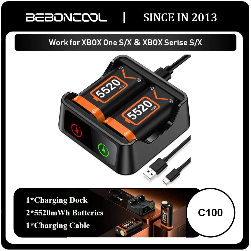 BEBONCOOL C100 Rechargeable Battery Pack – 2×5520mWh Batteries with Charging Cable for Xbox Series S/X & Xbox One S/X/Elite