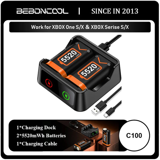 BEBONCOOL C100 Rechargeable Battery Pack – 2×5520mWh Batteries with Charging Cable for Xbox Series S/X & Xbox One S/X/Elite