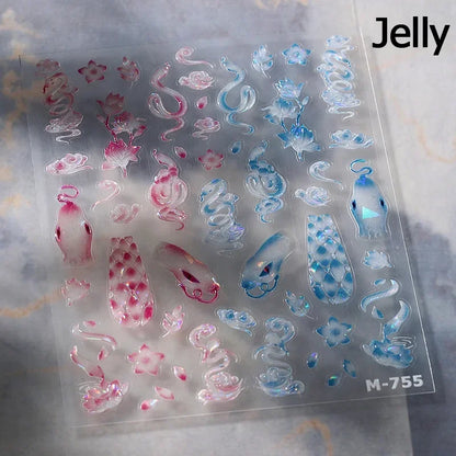 5D Gold Stamped Nail Art Stickers - Silver Sun Stars Snake Chinese Style Self-Adhesive Manicure Decals
