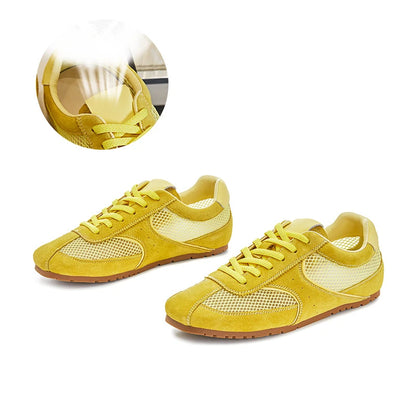 MORAZORA 2025 Women’s Split Leather Sneakers – Lace-Up Fashion Casual Flats in Beige & Pink