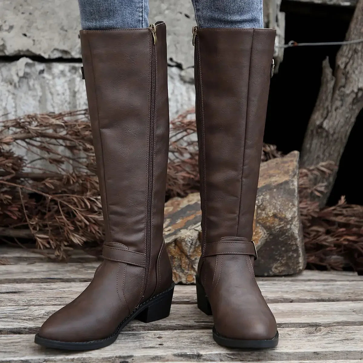 Women’s Winter High-Top Knight Boots – Side Zipper & Belt Buckle, Pointed Toe, PU Material with Cotton Lining