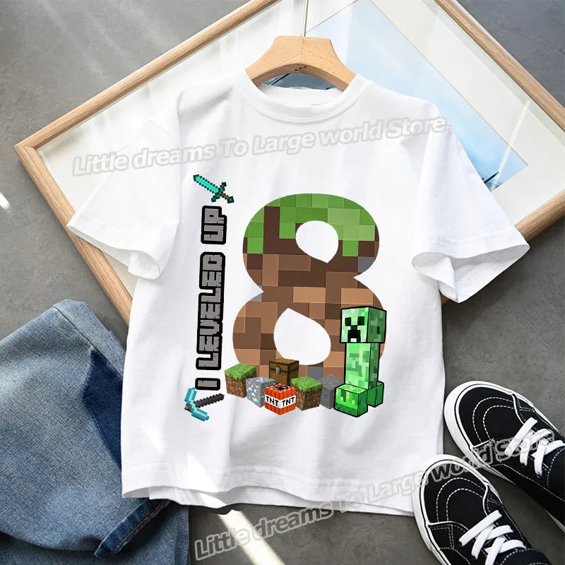 Miner Crafting Birthday Number T-Shirt – Cartoon Summer Short Sleeve Tops for Boys Party Gift