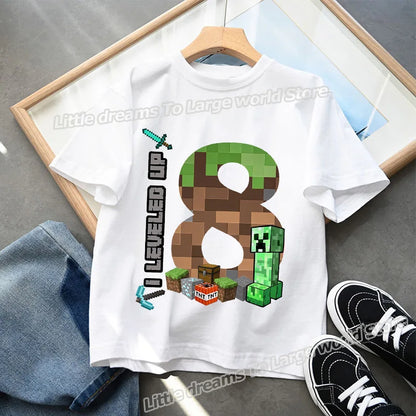 Miner Crafting Birthday Number T-Shirt – Cartoon Summer Short Sleeve Tops for Boys Party Gift