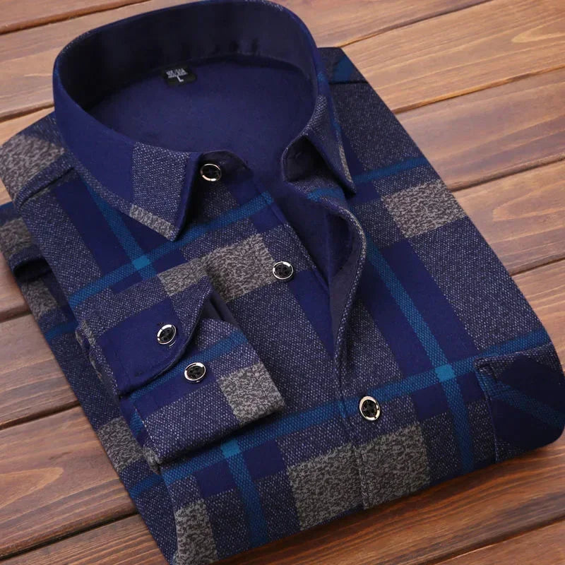 Men's Winter Plaid Flannel Shirt - Thick Fleece-Lined Long Sleeve Warm Casual Dress Shirt