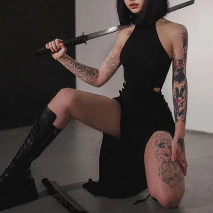 Gothic Dark Cosplay Dress – High Split Y2K Bandage Halter Slim Midi Black Grunge Partywear