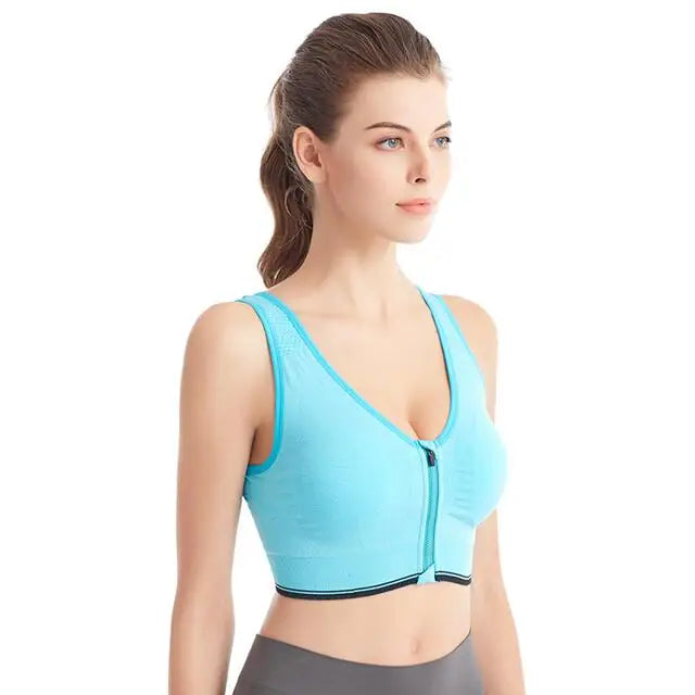 Women’s Front Zipper Sports Bra – Shockproof Seamless Breathable Wireless Fitness & Running Bralette