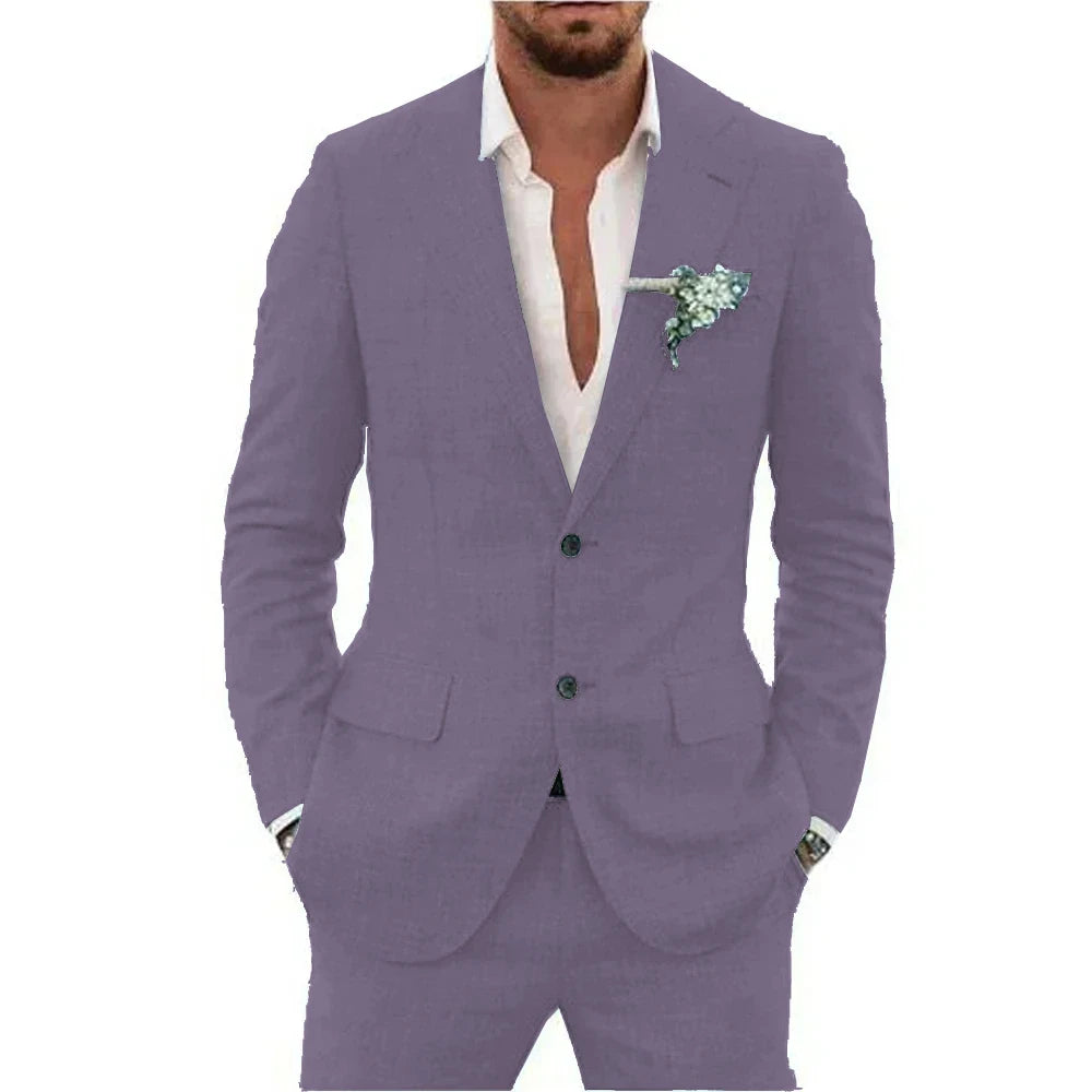 Men's Linen Suit Set - Slim Fit Notched Lapel 2 Piece Wedding & Beach Tuxedo Outfit For Summer Casual Formal Wear