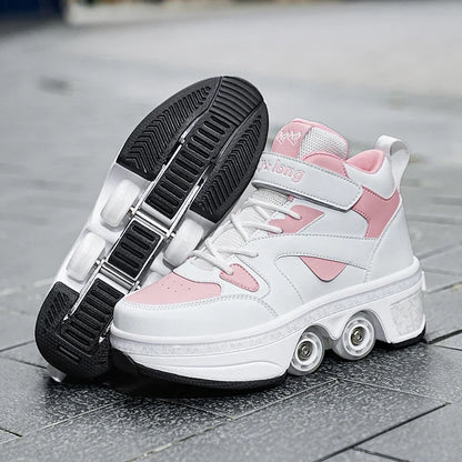 Women's High-Top 4-Wheel Roller Shoes – Fashionable Unisex Pop-Up Sneakers with Wheels, Dual-Purpose Skating & Casual Shoes