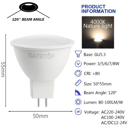 10PCS MR16 GU5.3 LED Bulb – Full Voltage AC/DC 12V–220V Spotlight, Flicker-Free White Light for Home, Study & Indoor Lighting