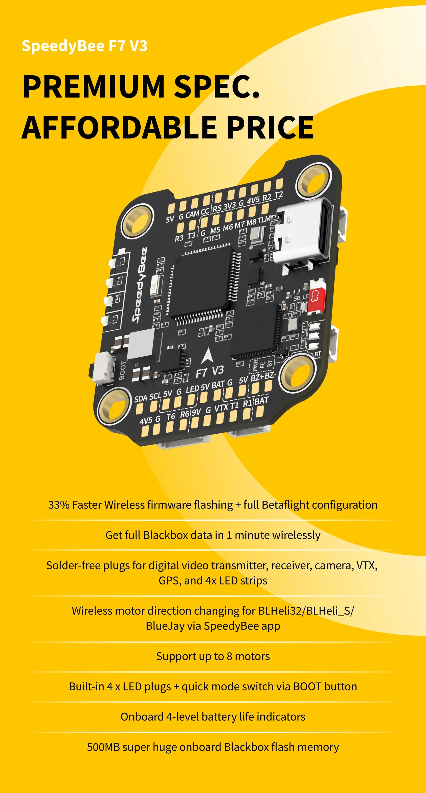 SpeedyBee F7 V3 50A Stack — F722 Flight Controller + BL32 50A 4-in-1 ESC with Blackbox for FPV Drone