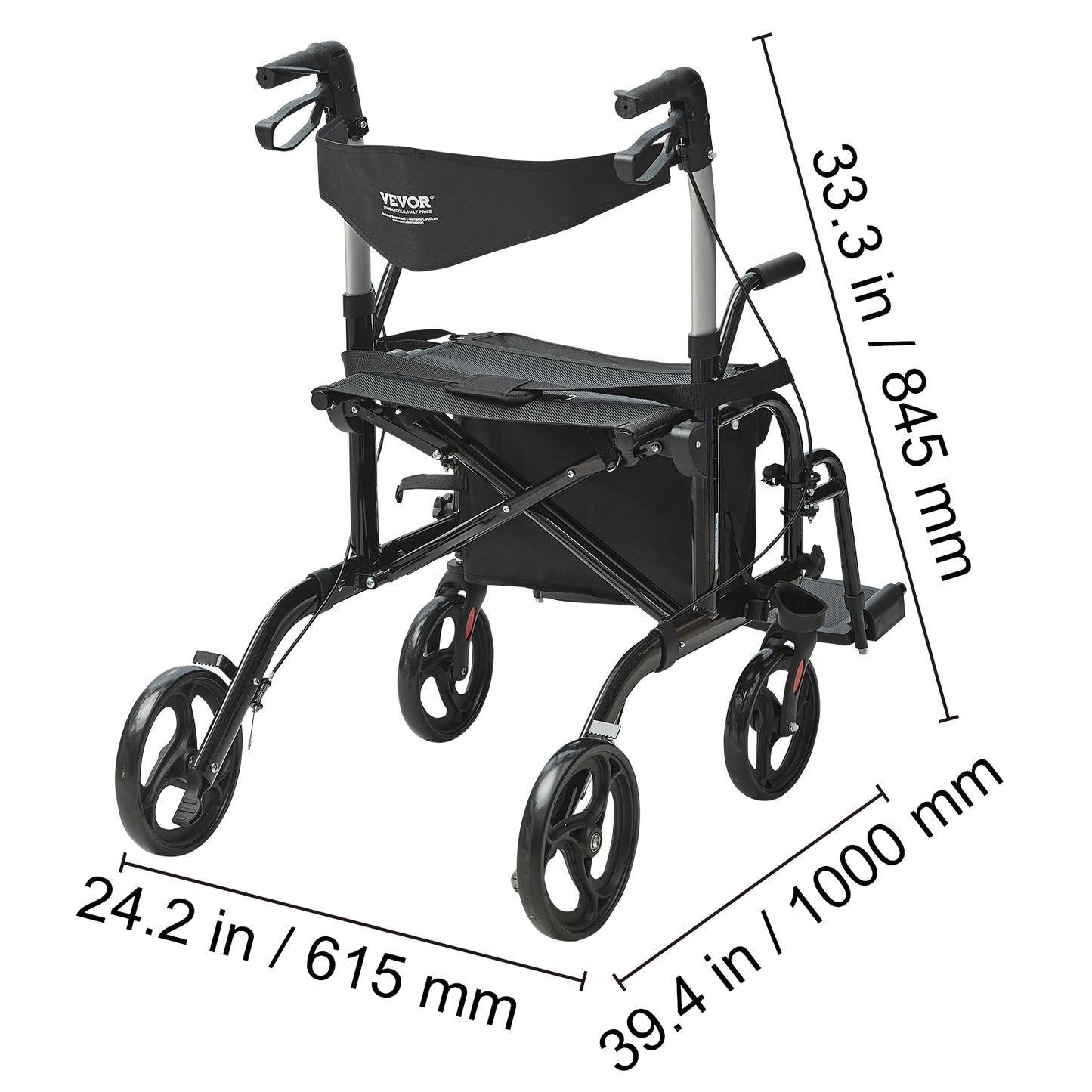 VEVOR 2-in-1 Rollator Walker & Transport Chair – Folding Aluminum Mobility Walker and Wheelchair Combo for Seniors